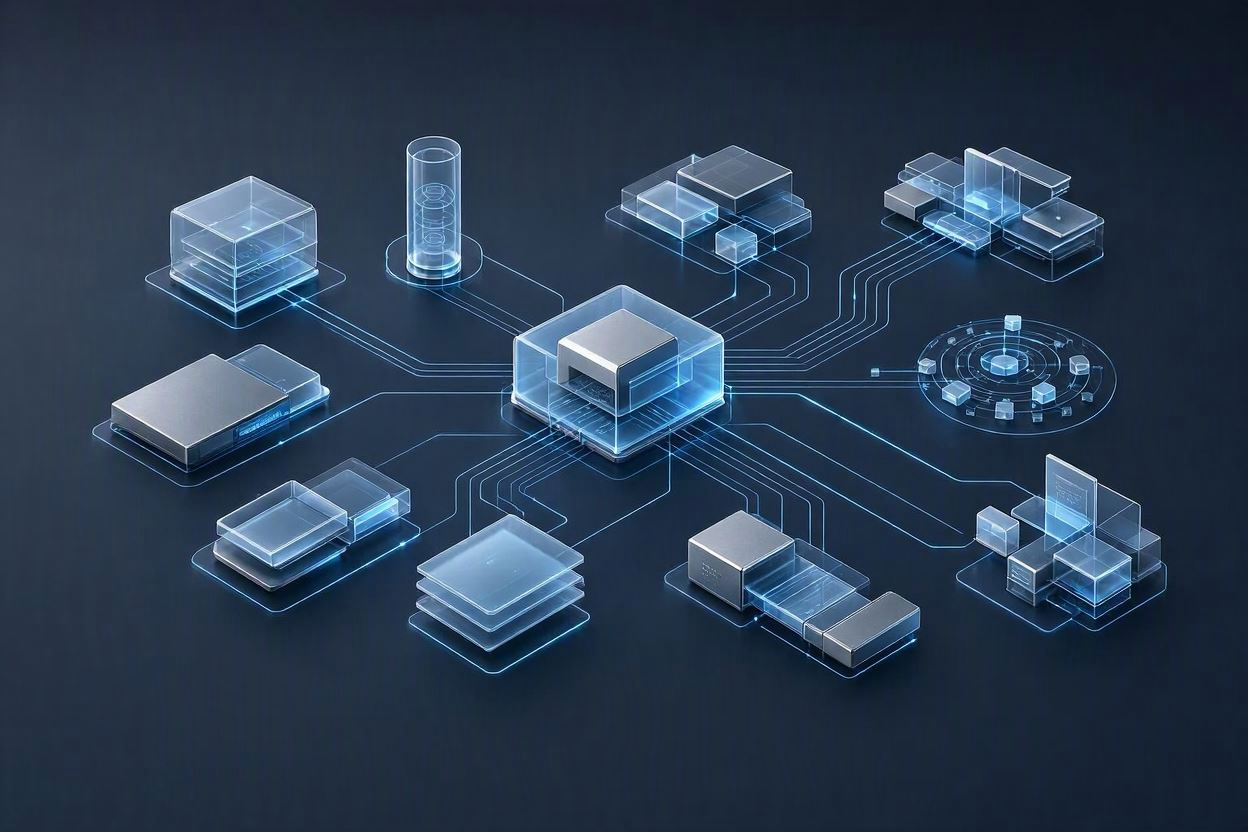 Connected insurance systems feeding an intelligence and orchestration layer.